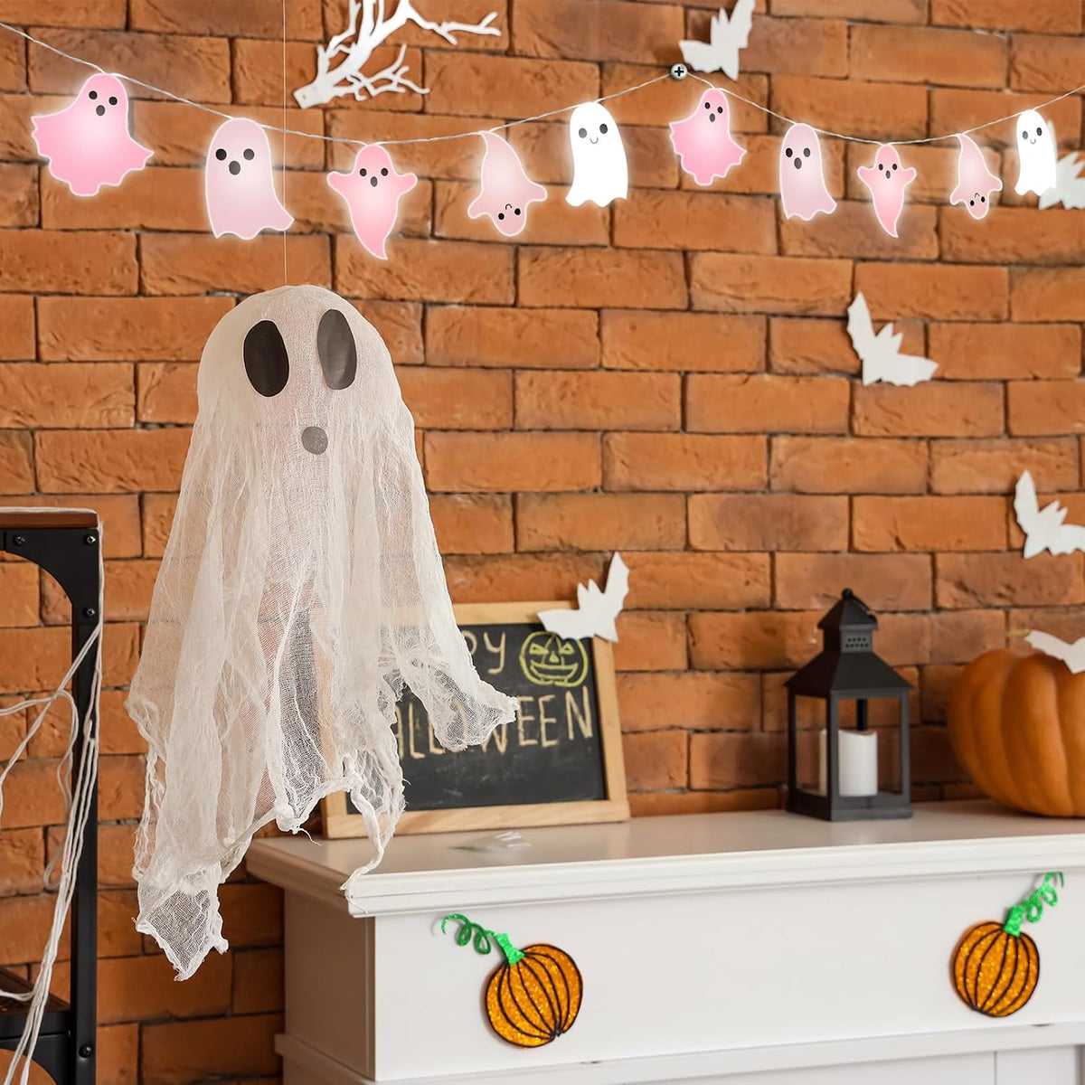 20 Halloween Pink Ghost LED String Lights Battery Operated