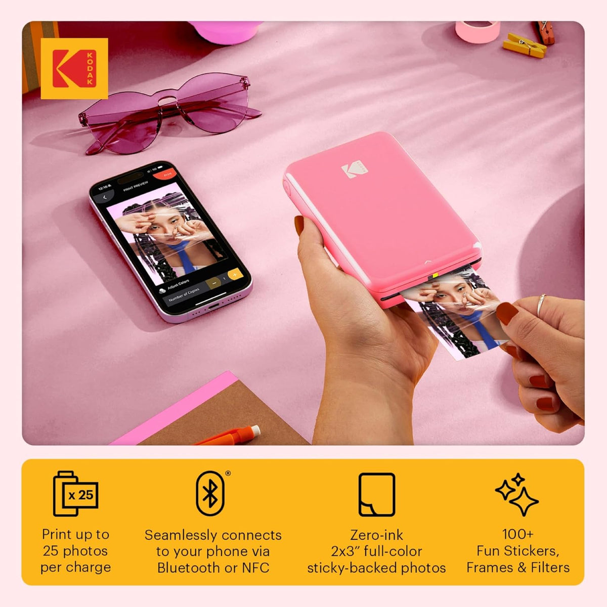 Step Instant Color Photo Printer with Bluetooth/NFC, ZINK Technology & App for iOS & Android (Pink) Starter Bundle