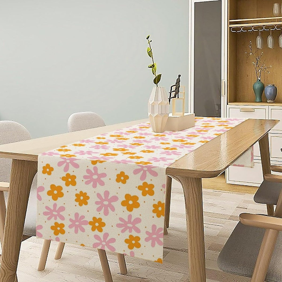 Pink Orange Flower Table Runner, Retro 70s Hippie Groovy Daisy Floral Print Tabletop Cloth for Dining Table Holiday Party Decorations Oriental Decor, 13x36inch