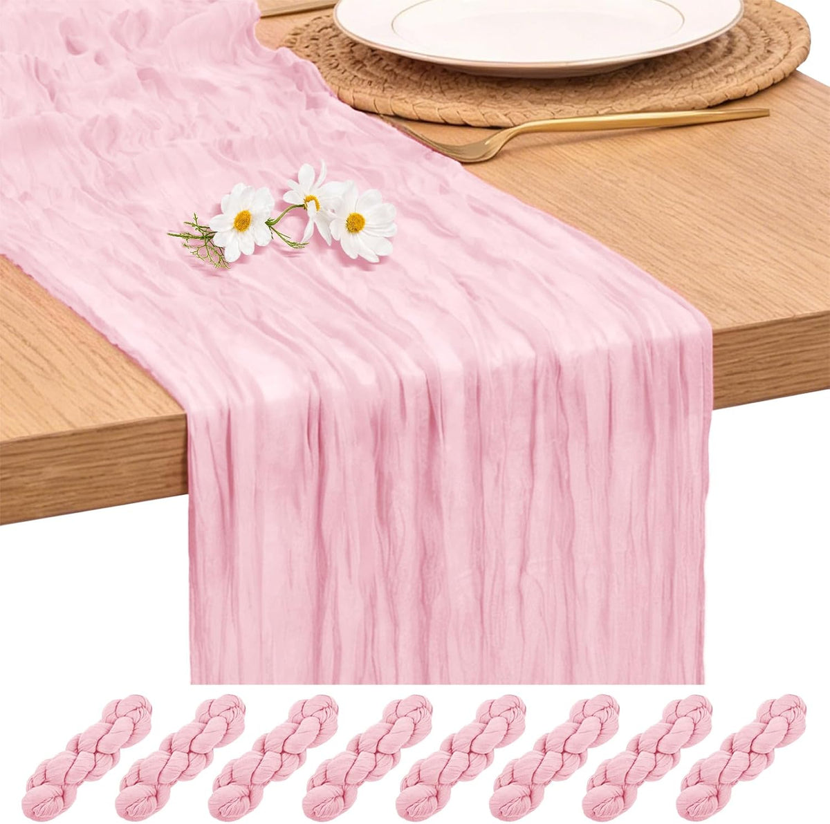 8 Pack Light Pink Cheesecloth Table Runners, 17 x 108 Inches