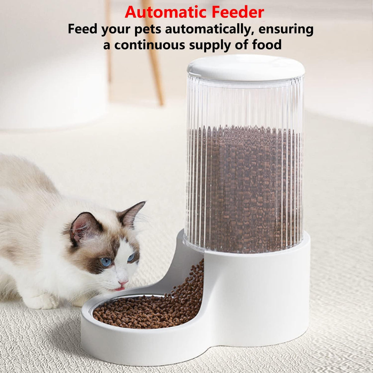 Automatic Cat Feeder, 3.8L Large Gravity Cat Food Dispenser with Detachable Top Lid, Visible Bottle and Stainless Steel Bowl for Pets (White)