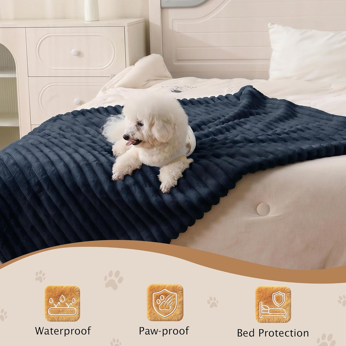 PuTian Waterproof Dog Blanket for Large Dogs Reversible Rabbit Velvet & Sherpa Fleece Cat Blanket for Couch Sofa Bed, 30''X40'' Navy