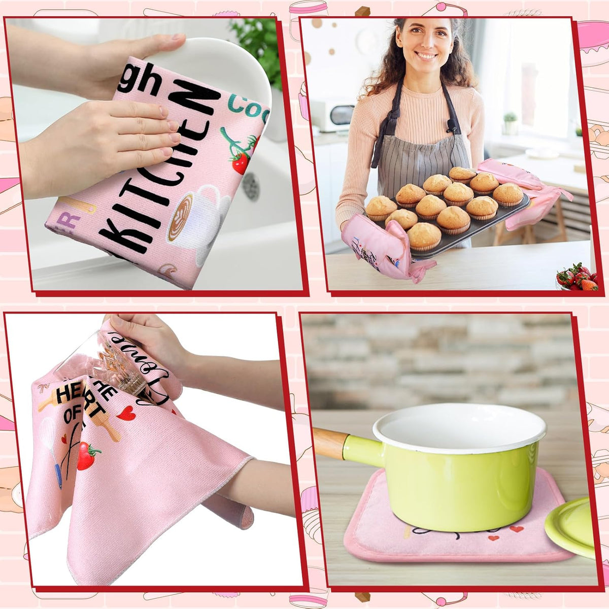 8 Pcs Kitchen Towels and Oven Mitts Sets Pot Holders Dishcloths Set Kitchen Decorative Accessories Absorbent Potholders Heat Resistant for Chef Baking Cooking(Pink,Food)