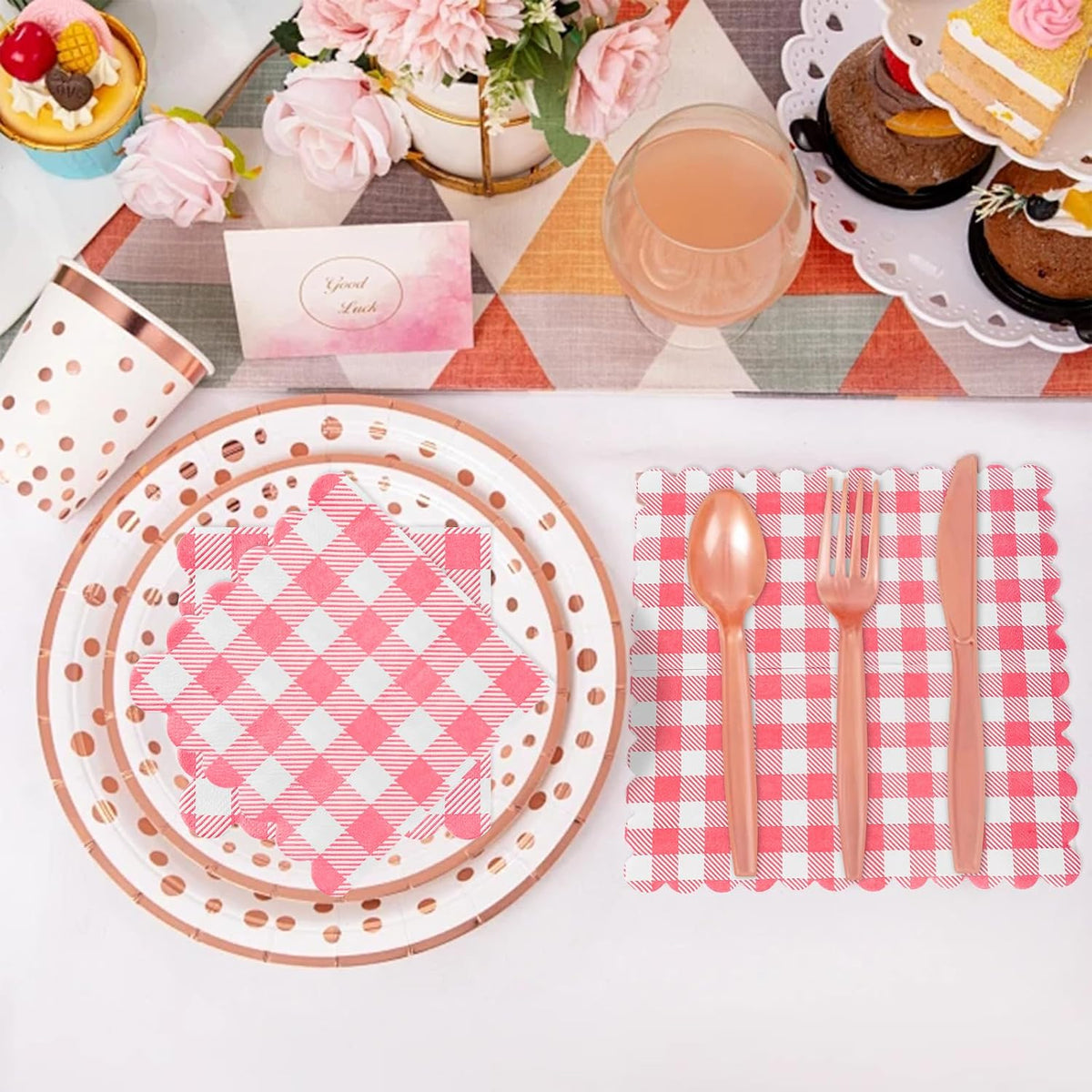 Pink Gingham Napkins Disposable Cocktail: 80PCS Checkered Square Paper 9.8x9.8 Inch For Table Decorations & Dinner Party