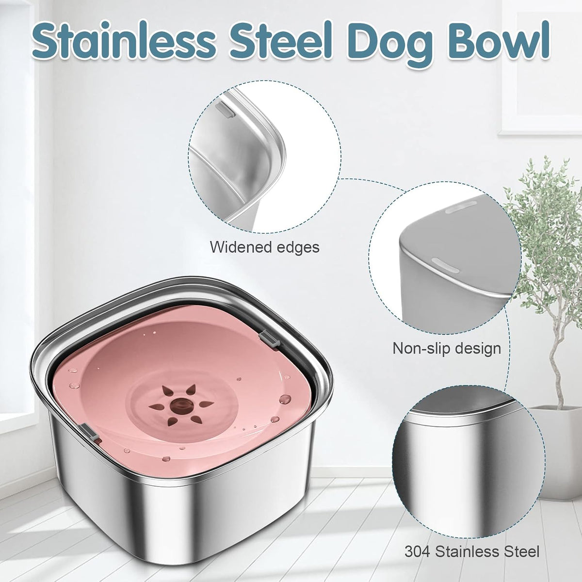 3L Stainless Steel Dog Water Bowl, No-Spill Slow Drinking Feeder