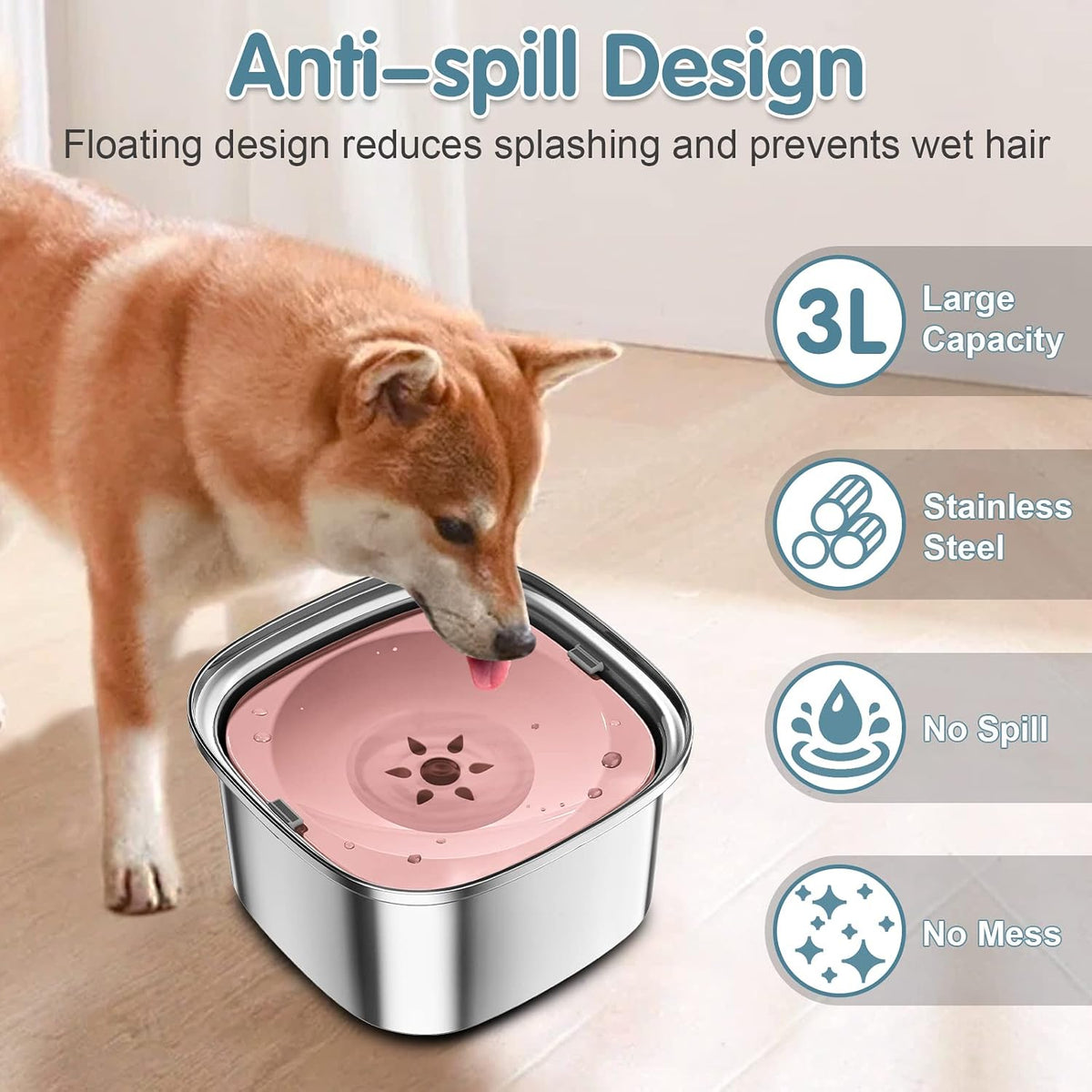 3L Stainless Steel Dog Water Bowl, No-Spill Slow Drinking Feeder
