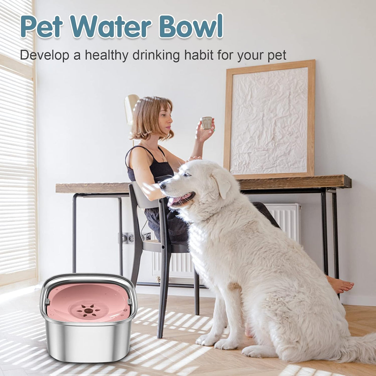 3L Stainless Steel Dog Water Bowl, No-Spill Slow Drinking Feeder