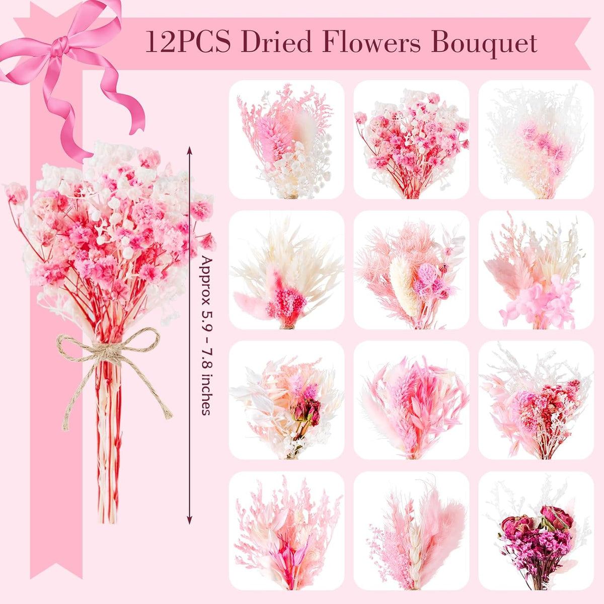 12/24 PCS Charming Dried Flowers Bouquet for Vase Various Dried Wildflowers with Stems Mini Handmade Wildflowers Natural Real Flowers Bulk Flowers Craft (Pink, 12 PCS)