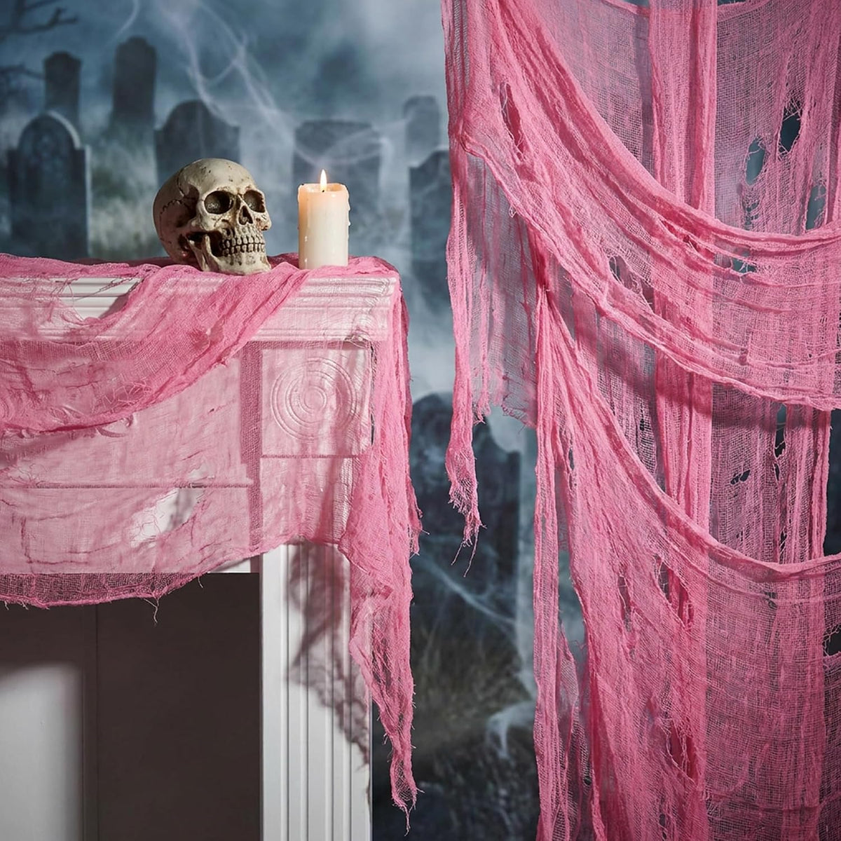 197"x71" Pink Halloween Scary Gauze, Spooky Cloth Party Decoration