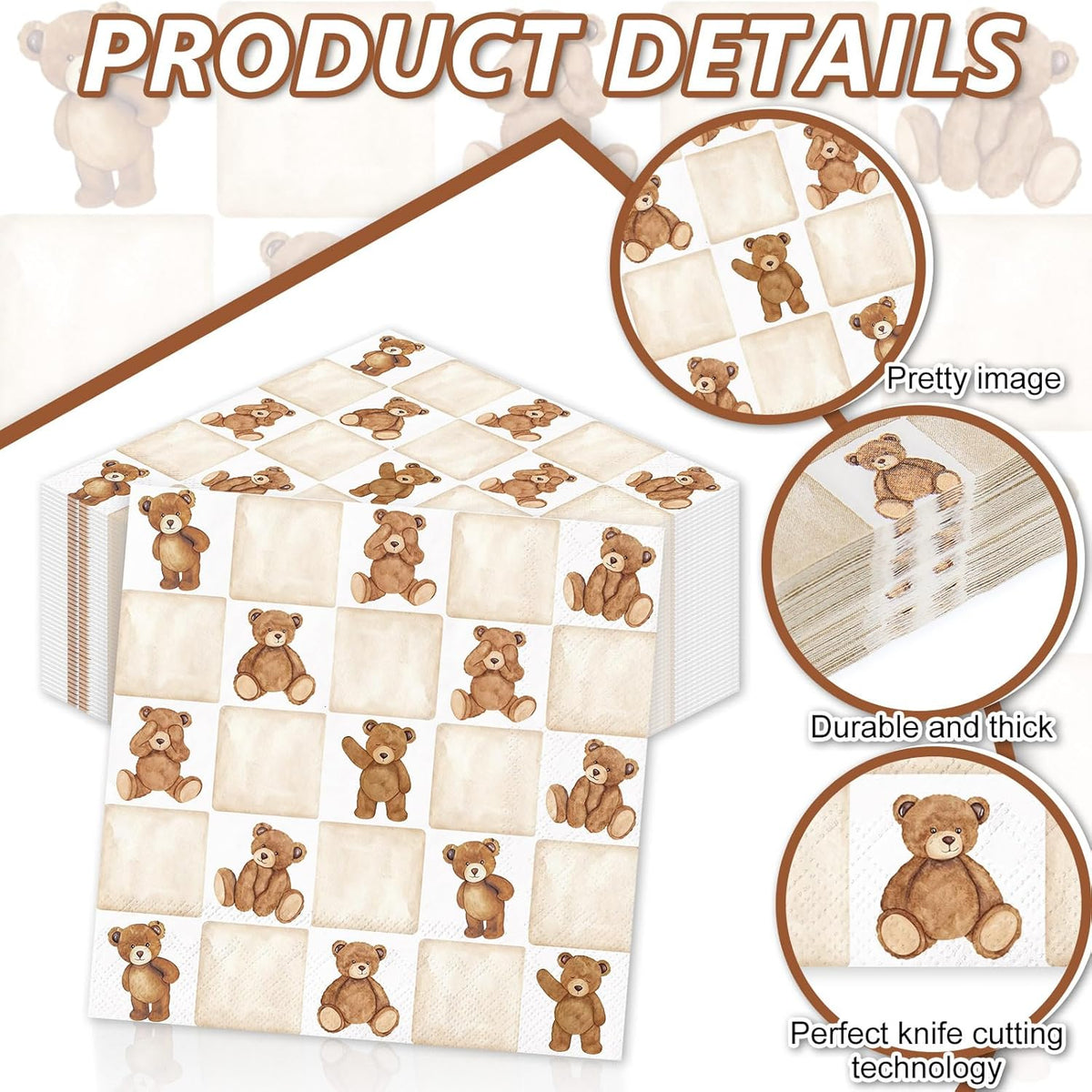 Whaline 50Pcs Checkered Bear Cocktail Napkins Beige Brown Gingham Paper Napkins Watercolor Beverage Napkin for Birthday Baby Shower Gender Neutral Party Supplies