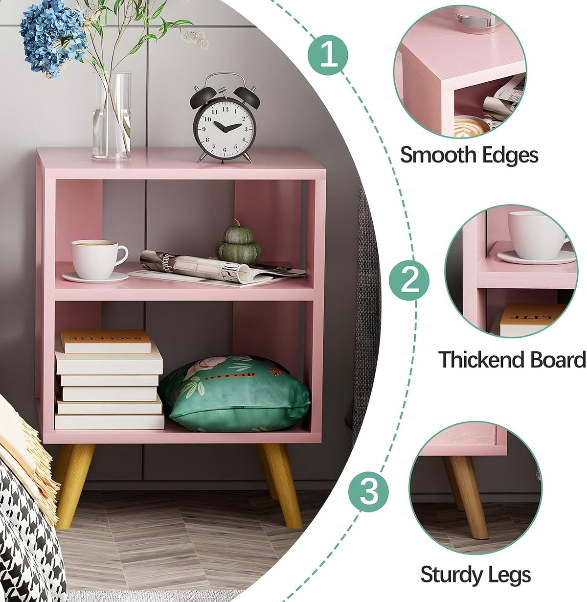 Night Stand, Pink Kids Nightstand, Modern End Table with Open Storage, 2-Tier Nursery Bedside Table for Small Space, Living Room, Bedroom
