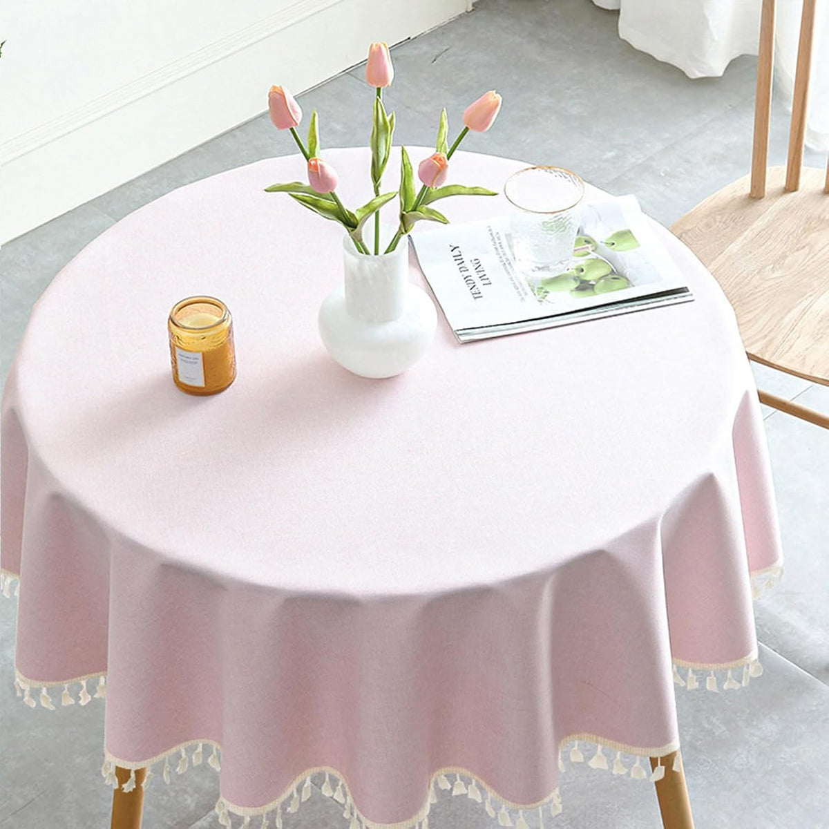 Round Textured Tablecloth Waterproof Cotton Linen Tassel Wrinkle Free Washable Decorative Fabric Table Cover for Kitchen Dining Table, Round-78, Pink