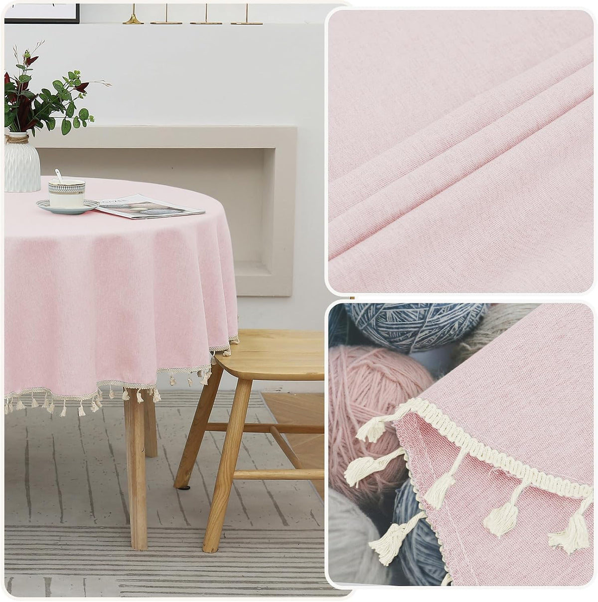 Round Textured Tablecloth Waterproof Cotton Linen Tassel Wrinkle Free Washable Decorative Fabric Table Cover for Kitchen Dining Table, Round-78, Pink