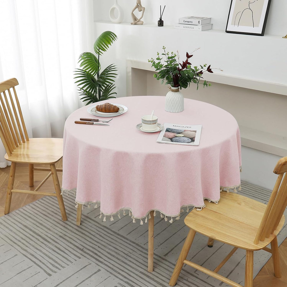 Round Textured Tablecloth Waterproof Cotton Linen Tassel Wrinkle Free Washable Decorative Fabric Table Cover for Kitchen Dining Table, Round-78, Pink