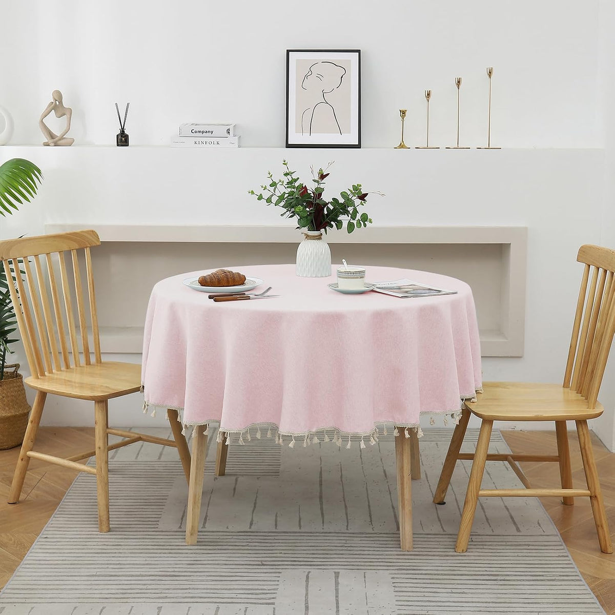 Round Textured Tablecloth Waterproof Cotton Linen Tassel Wrinkle Free Washable Decorative Fabric Table Cover for Kitchen Dining Table, Round-78, Pink