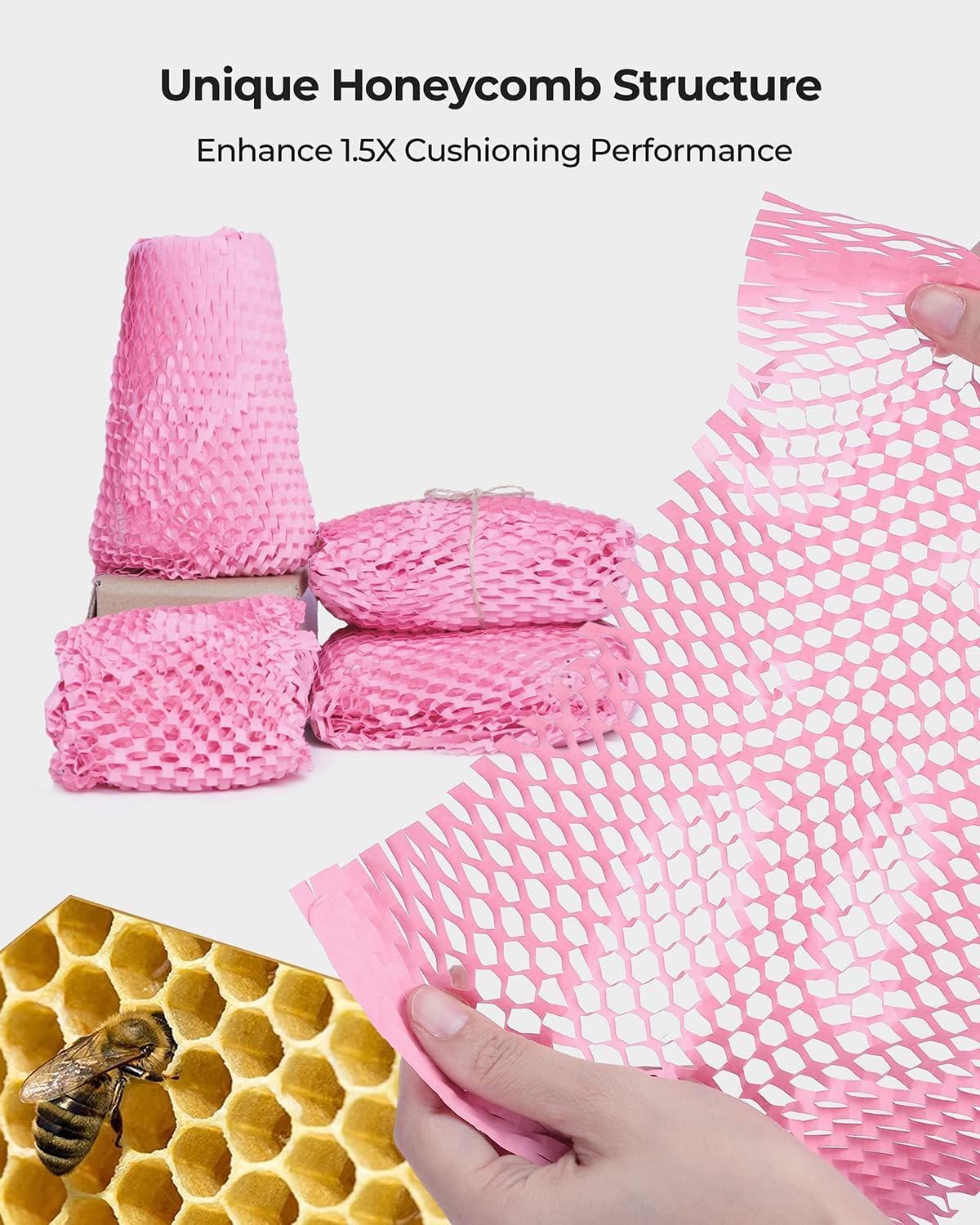 Honeycomb Packing Paper, Pink 15" x 1575'' Packing Paper, Wrapping Paper for Moving Shipping Packaging, Recyclable Moving Supplies With Fragile Sticker Labels and Twine (pink,15" x 1575'')