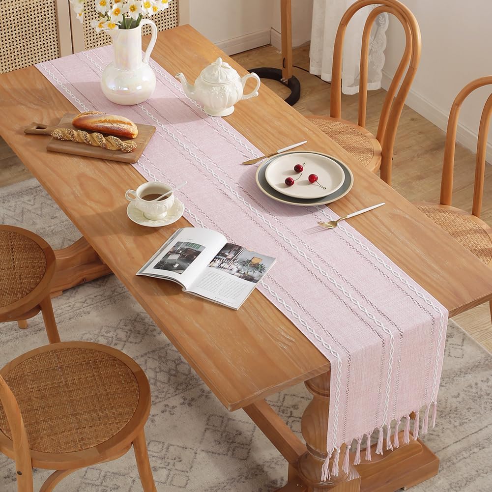 Rustic Table Runner with Tassels, Farmhouse Boho Table Runners Braided Striped, Cotton Linen Table Decoration for Dining Party Holiday and Wedding, 72 Inches, Pink