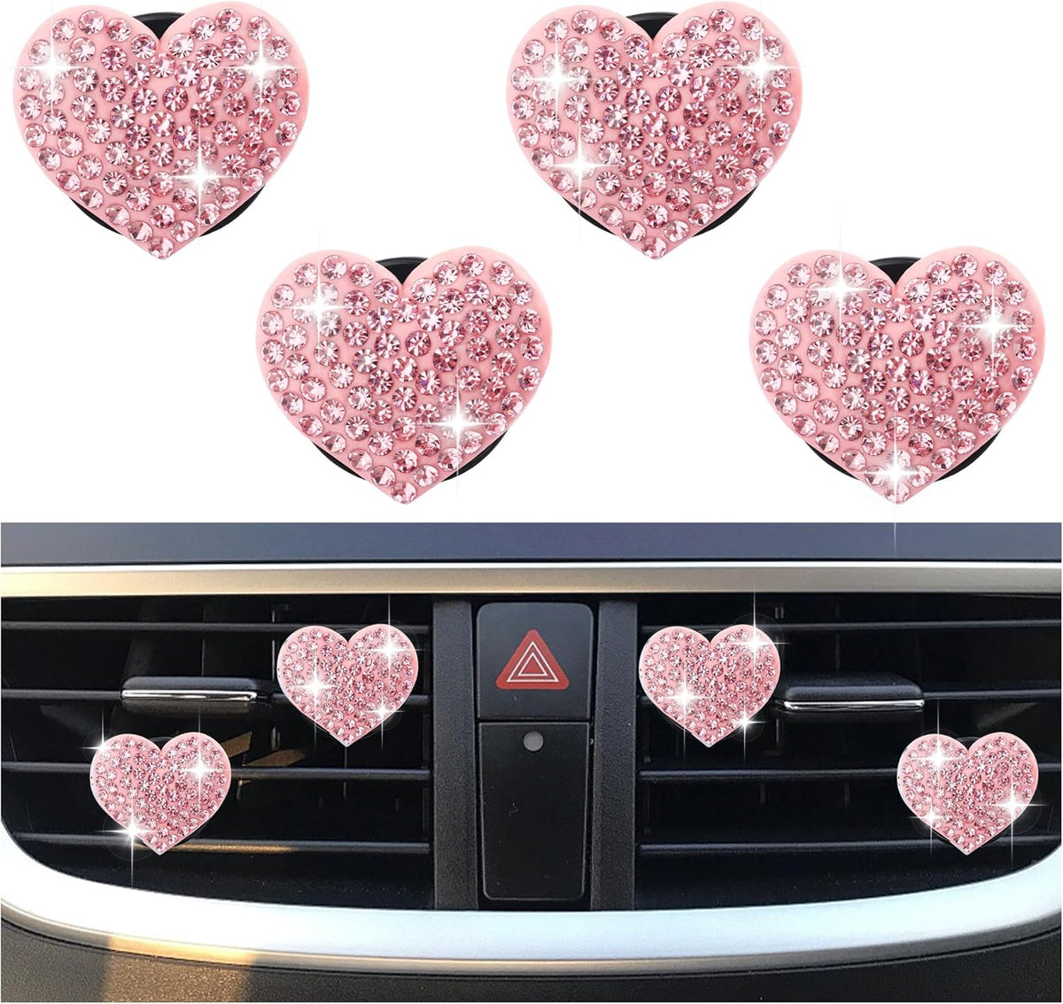 4PCS Heart-Shaped Car Vent Clips with Rhinestone,Bling Air Vent Clips Car Decorations,Premium Shiny Car Clips for Vents CCar Accessories Interior for Cars,Trucks,SUVs (Pink)