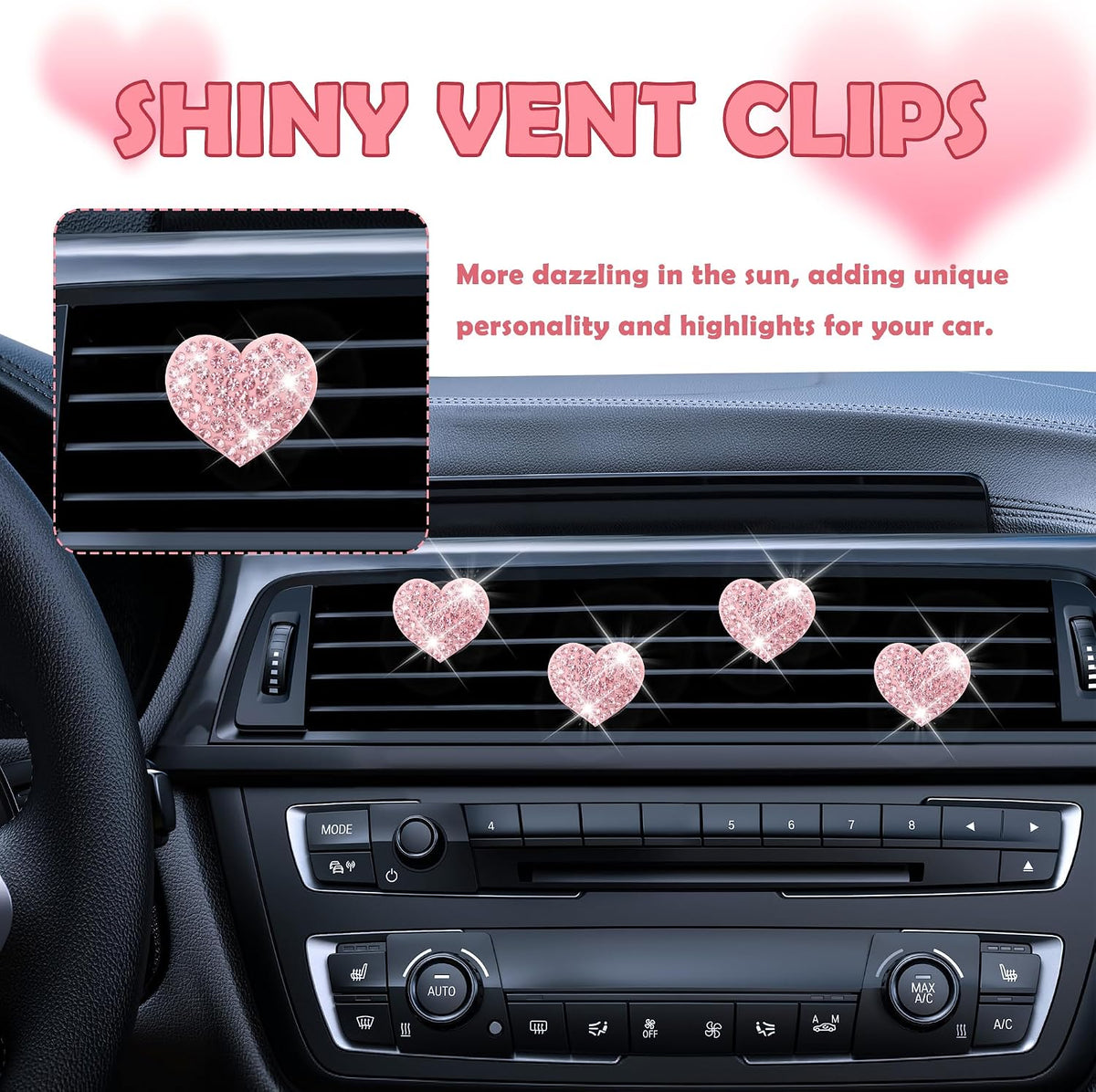 4PCS Heart-Shaped Car Vent Clips with Rhinestone,Bling Air Vent Clips Car Decorations,Premium Shiny Car Clips for Vents CCar Accessories Interior for Cars,Trucks,SUVs (Pink)