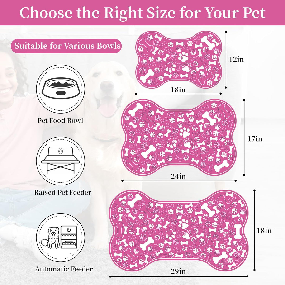 Dog & Cat Food Mat Bone Shaped Pet Feeding Mat Quick Absorb Water Bowl Placemat with Rubber Backing Indoor Floor Stain Resistant Pet Accessory Supplies (Pink Small, 12x18 Inches)