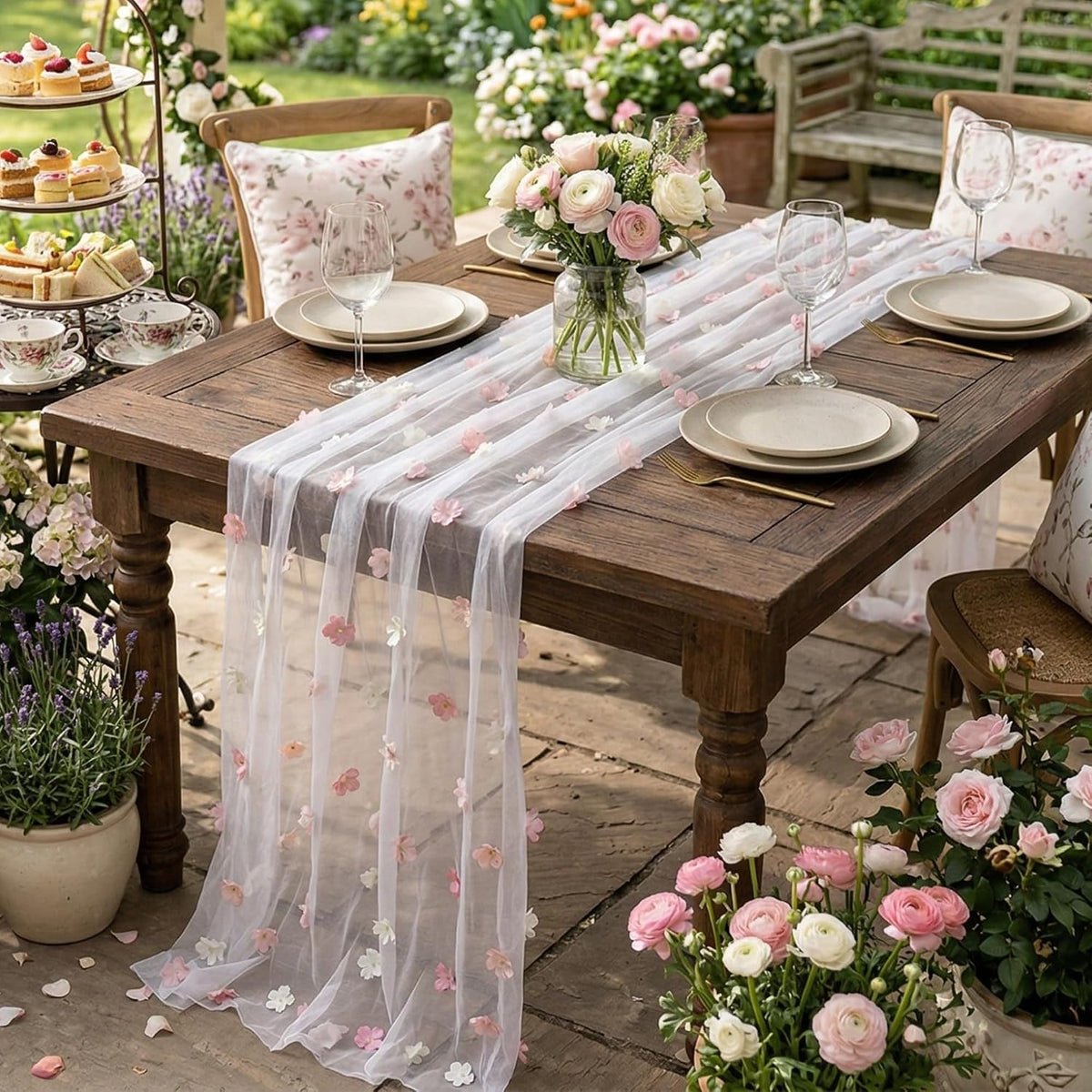 9.8 Ft Pink Flower Table Runner Embroidered for Baby Shower Party