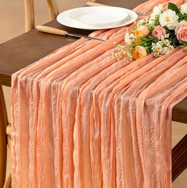 Peach Cheesecloth Table Runner Boho Wrinkled Gauze Table Runners