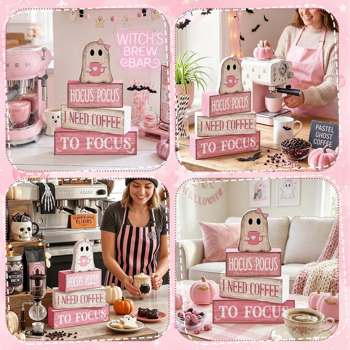 4 Pcs Pink Halloween Table Decor Ghost Wooden Stacked Block Decor
