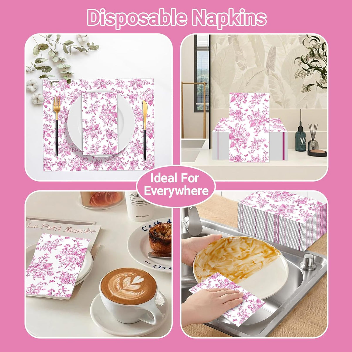 100 PCS Pink Napkins Disposable, Pink Wildflower Paper Napkins 3 Ply Paper Towels Home Party Guest Bathroom Chinoiserie Napkin Bridal Shower Wedding, Decorative Napkins