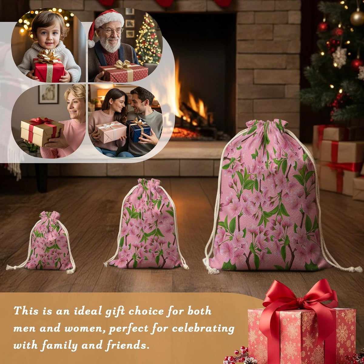 Victoroes Spring Peaches Drawstring Gift Bags 2 Pcs 11.8" x 15.7" Medium Peaches Flowers Pink Gift Bag Reusable Fabric Wrap Bags for Wedding Party Birthday Holiday