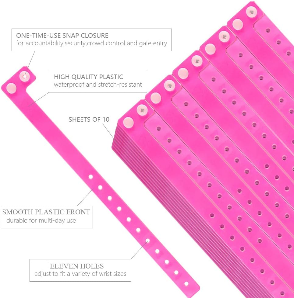 Plastic Wristbands Neon Pink 100 Pack, Viny Wristbands for Events