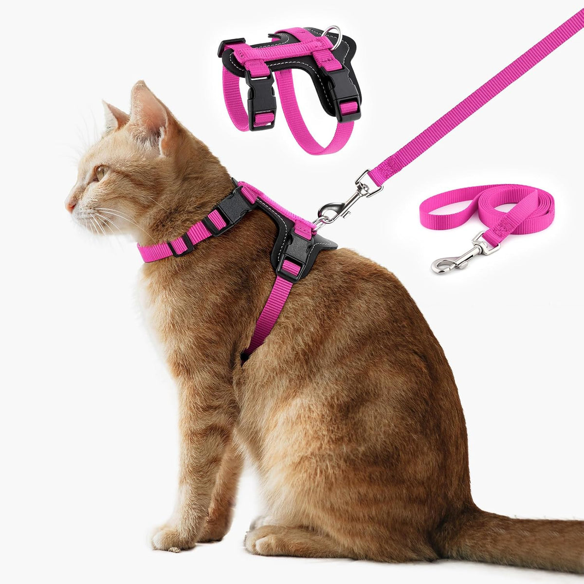 Plutus Pet Adjustable Cat Harness and Leash Set, Quick Release, Escape Proof Nylon Vest with Leather Trim for Kitten, Small Medium Large Cats, Hot Pink