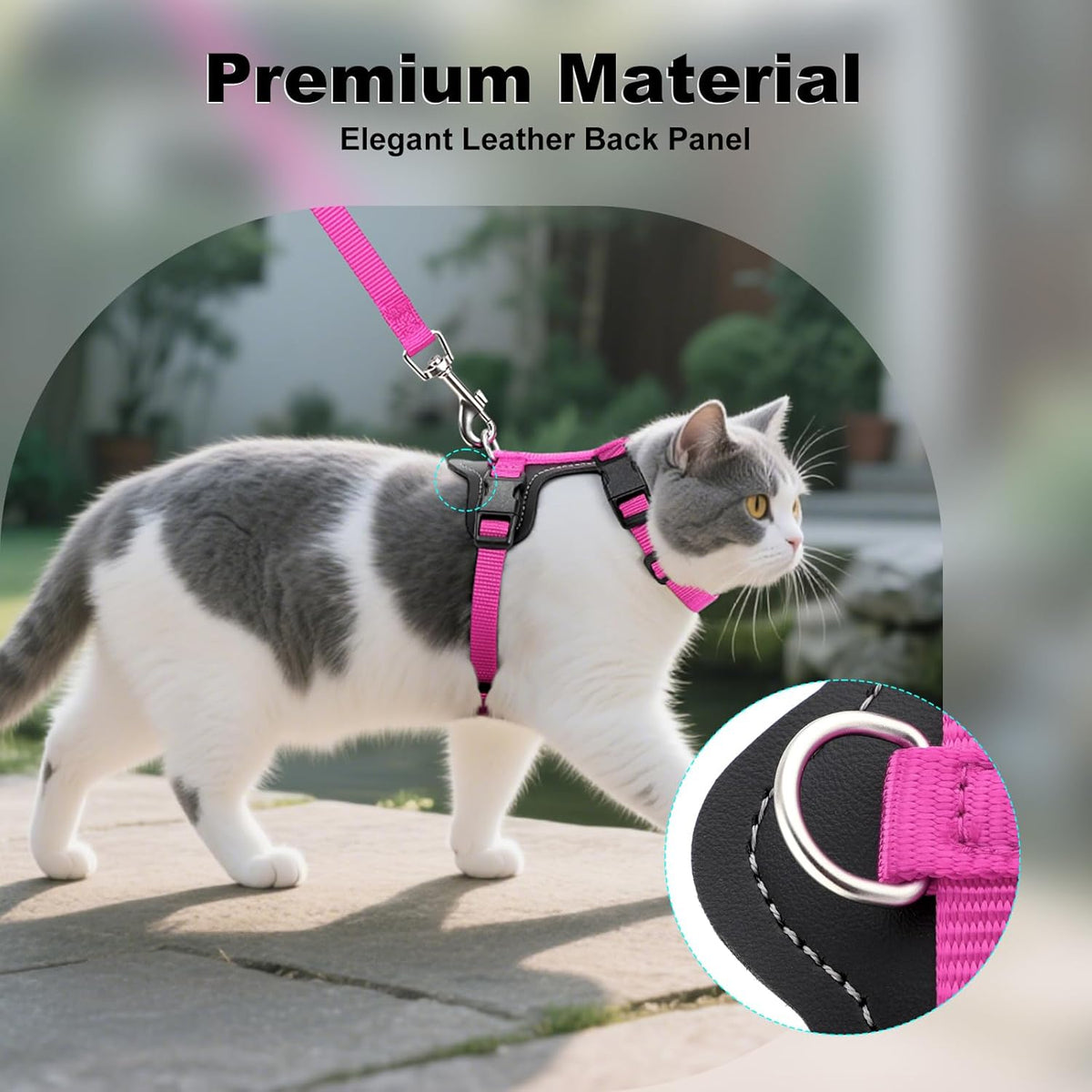 Plutus Pet Adjustable Cat Harness and Leash Set, Quick Release, Escape Proof Nylon Vest with Leather Trim for Kitten, Small Medium Large Cats, Hot Pink