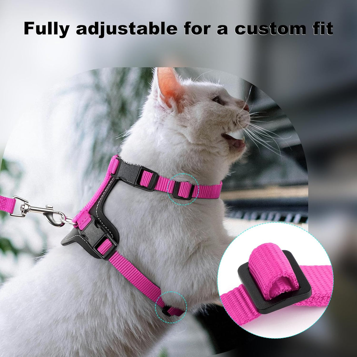 Plutus Pet Adjustable Cat Harness and Leash Set, Quick Release, Escape Proof Nylon Vest with Leather Trim for Kitten, Small Medium Large Cats, Hot Pink