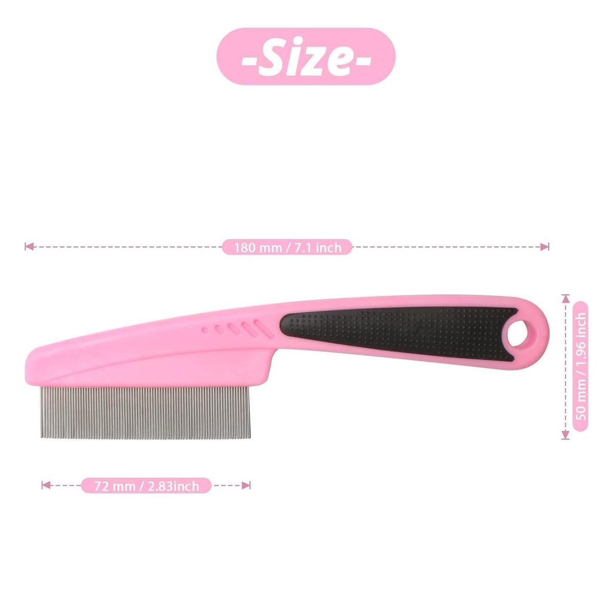 Flea and Lice Comb for Dogs and Cats - Promotes Hair Growth, Removes Loose Hair, Knots, and Flakes - Rubber Handle Brush for Pet Grooming (Pink)