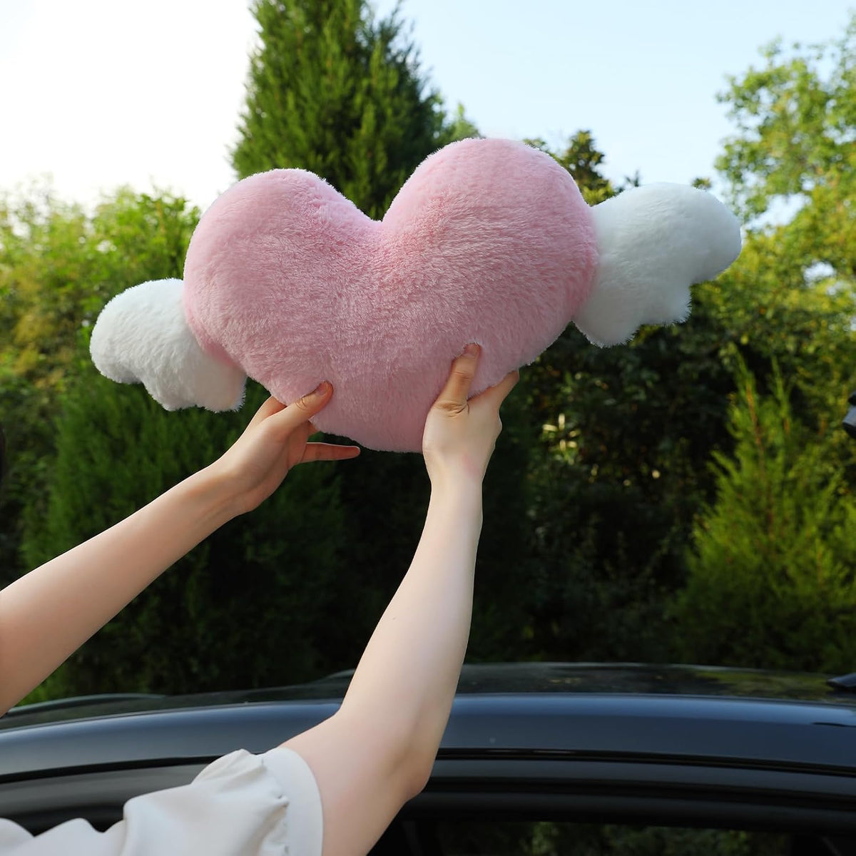 2 Pack Heart Shaped Cute Car Headrest Pillow with Angel Wings - Comfortable Soft Head Rest Cushion Kawaii Car Accessories Neck Pillow for Driving Travelling Office Home Decor - Pink Love Heart