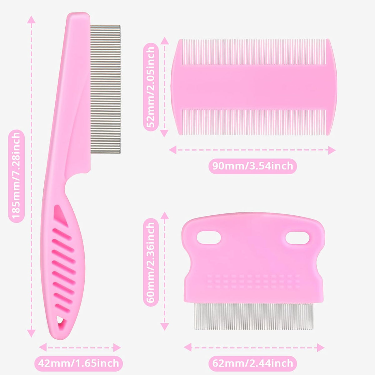 Flea Comb for Dogs and Cats - Lice Comb with Rubber Handle - Promotes Hair Growth and Removes Loose Hair, Knots, and Flakes Flea Brush for Pets(3P,PINK)