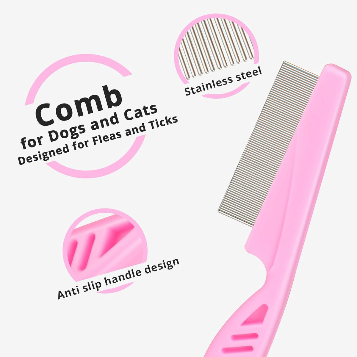 Flea Comb for Dogs and Cats - Lice Comb with Rubber Handle - Promotes Hair Growth and Removes Loose Hair, Knots, and Flakes Flea Brush for Pets(3P,PINK)
