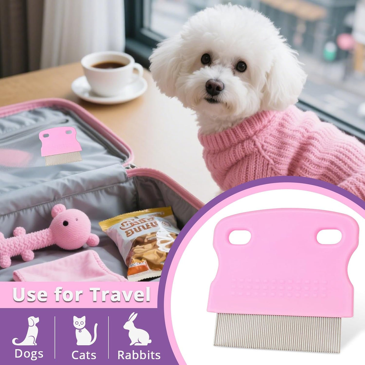 Flea Comb for Dogs and Cats - Lice Comb with Rubber Handle - Promotes Hair Growth and Removes Loose Hair, Knots, and Flakes Flea Brush for Pets(3P,PINK)