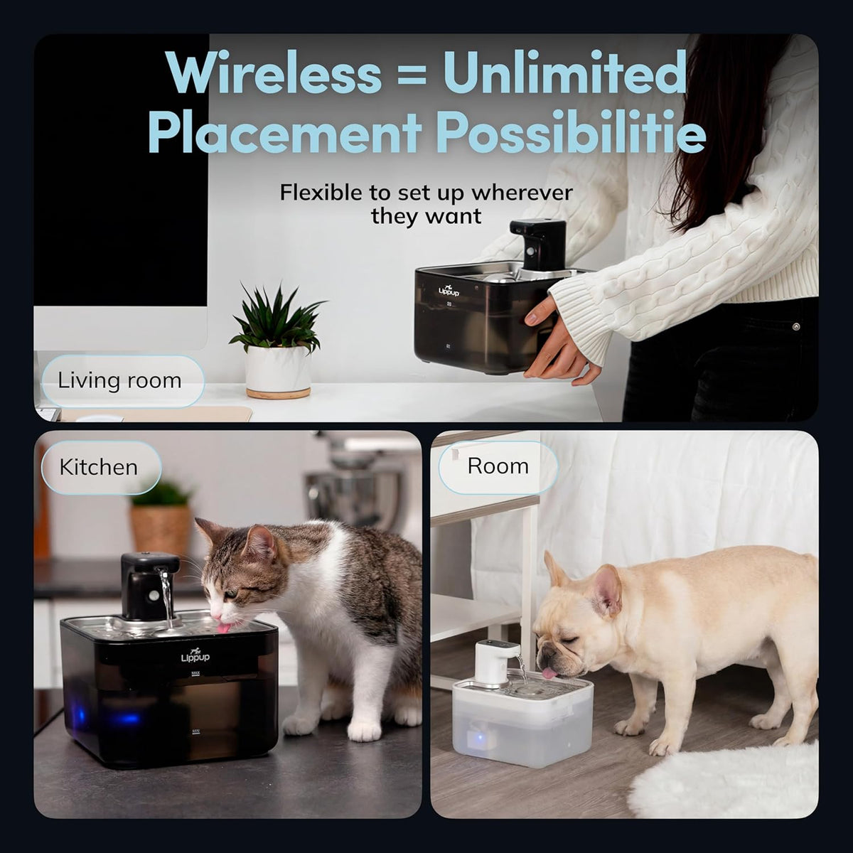 Cat Water Fountain Cordless, 88oz/2.6L Wireless Pet Water Fountain for Cats Indoor, Battery Operated Cat Drinking Fountain with Motion Sensor, Ultra Quiet Pump, BPA-Free, Black
