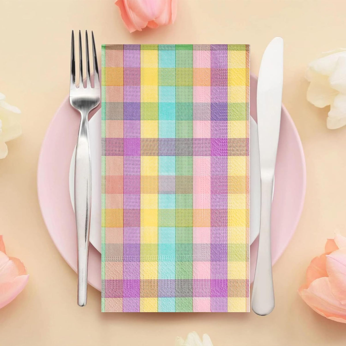 100Pcs Easter Pastel Buffalo Plaid Napkins Decorations,Disposable Spring Dark Purple Pink Yellow Guest Hand Paper Napkins for Home Bathroom Baby Shower Picnic Wedding Easter Birthday Party Supplies