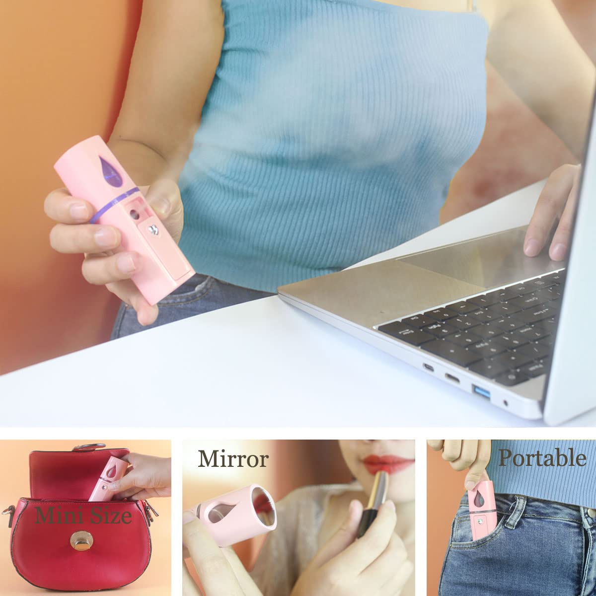 Nano Facial Mister Portable Mist Sprayer with Mirror Mini Cool Mist Spray for Skin Care & Facial Body Moisturized & Eyelash Extensions, USB Rechargeable (Pink)