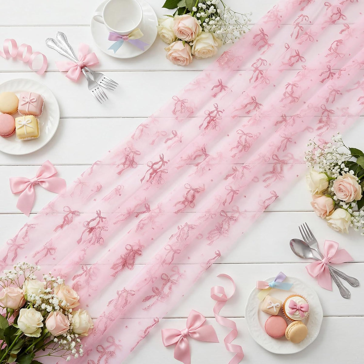 4 Pcs Pink Bow Table Runners 29 X 70 Inch Tulle Lace Party
