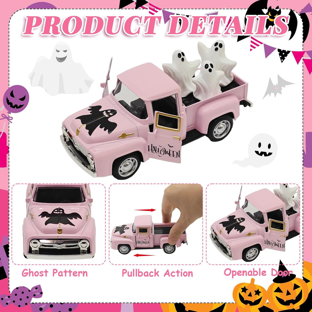 Pink Halloween Ghost Truck Decor with Spooky Cute Ghost Figurines