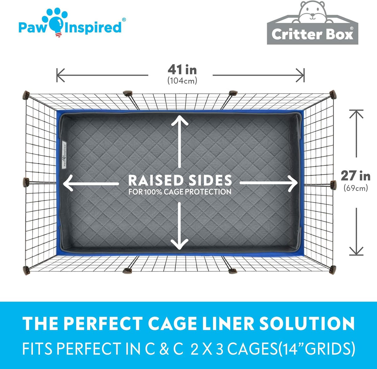 Paw Inspired Critter Box Washable Cage Liner, Reversible Fleece Bedding with Raised Sides for Guinea Pigs and Other Small Animals (C&C 2x3 (14" Grids), Gray/Pink)
