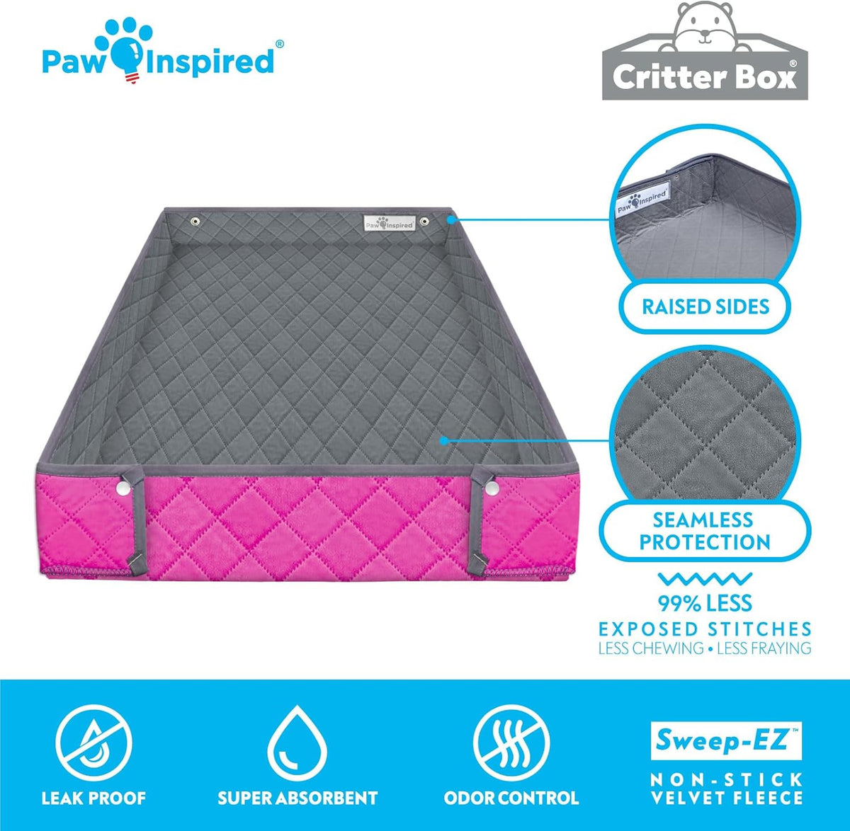 Paw Inspired Critter Box Washable Cage Liner, Reversible Fleece Bedding with Raised Sides for Guinea Pigs and Other Small Animals (C&C 2x3 (14" Grids), Gray/Pink)
