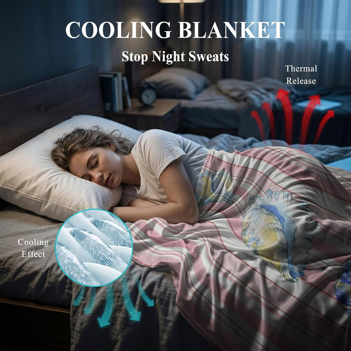 Cooling Blanket 30"x40", Watercolor Marine Conch Pink Stripe Summer Cooling Blanket Breathable Lightweight Ice Blankets Summer Ocean Theme Blankets for Night Sweats