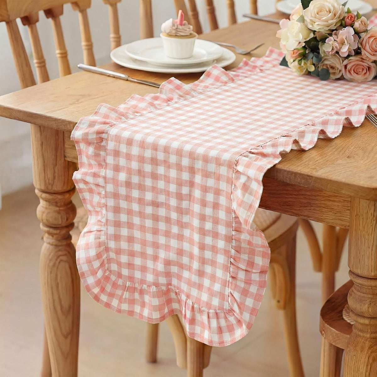 1 Pc Gingham Table Runner Light Pink, 118 X 13.8 Inch