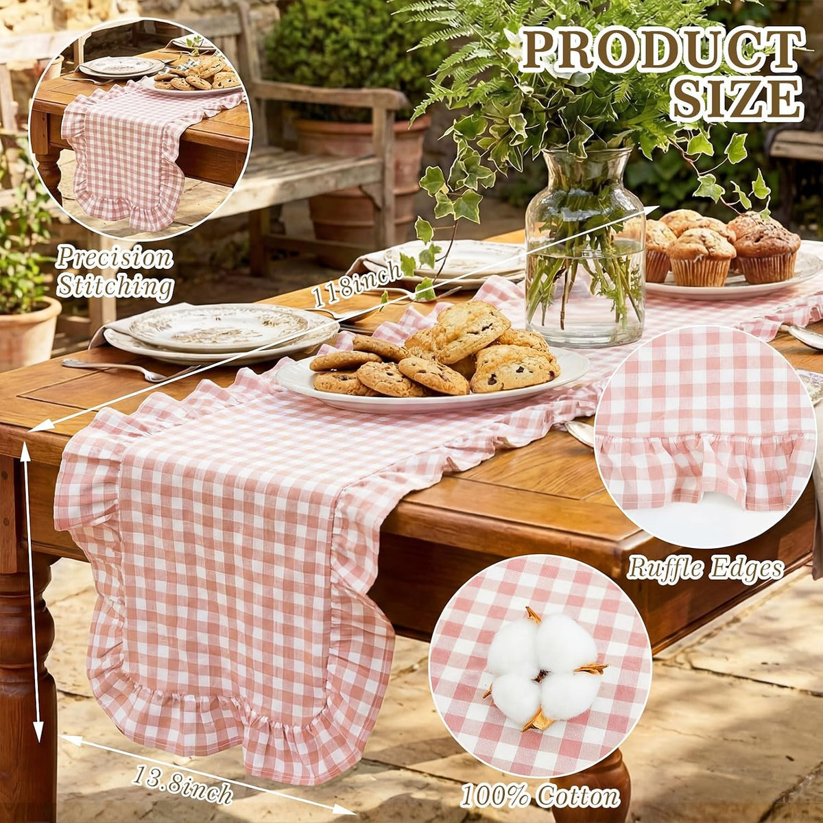 1 Pc Gingham Table Runner Light Pink, 118 X 13.8 Inch