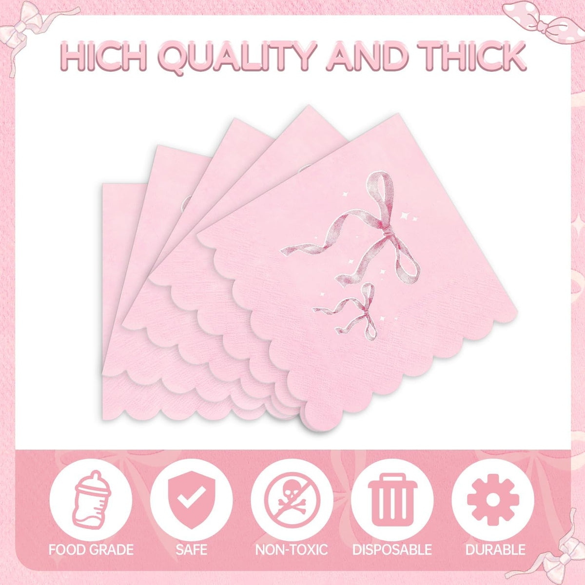 100 Pcs Pink Bow Napkins, Bow Theme Party Decorations Napkin, Scalloped Edge Disposable Guest Hand Towels Coquette Bow Dinner Paper Napkins for Baby Shower Bridal Engagement, 6.5 x 6.5 Inch