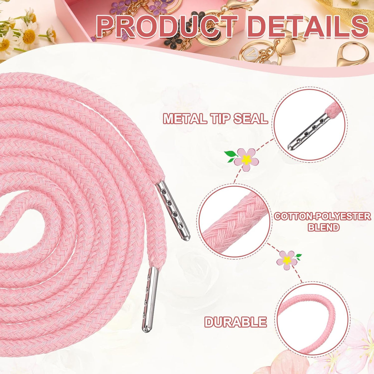 2 Pcs Drawstring for Sweatpants (Light Pink), Hoodie Strings, Drawstring Cords Draw Strings Replacement Sewing Tool with Easy Threader Apply to Shorts Pants Jackets Coats Hats
